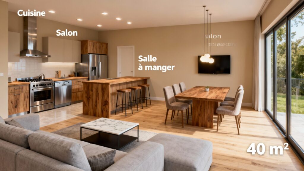 Aménager une cuisine salon salle à manger sur 40 m² avec texte
